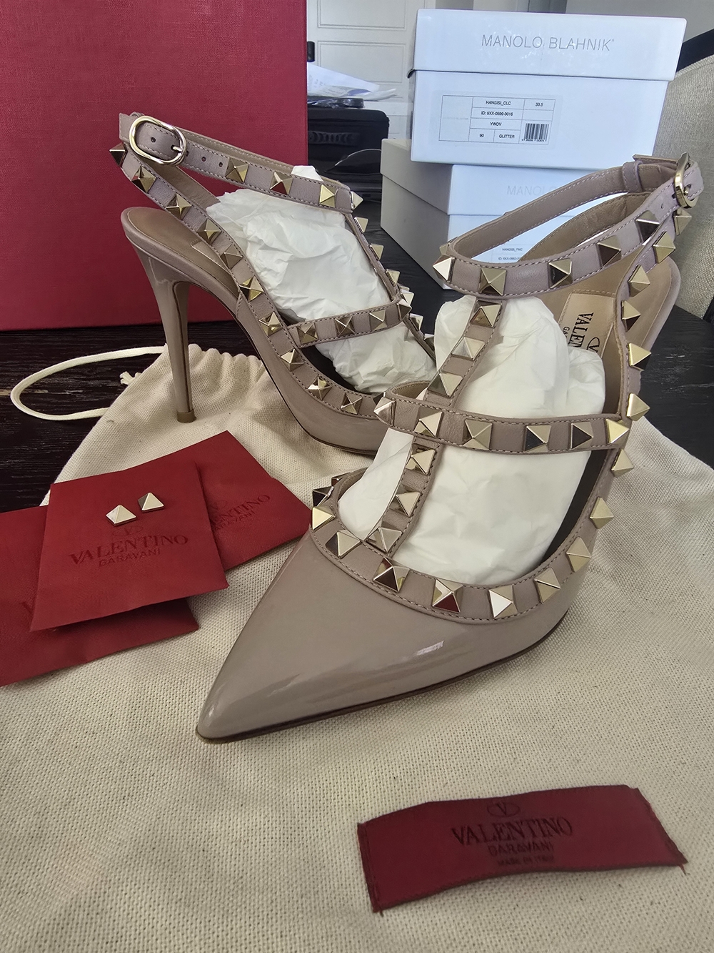 Valentino Rockstud Nude Patent Leather Pointed-Toe Slingback Heels